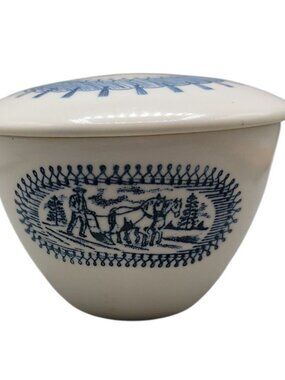 Vintage Country Life Blue Sugar Bowl w/Lid Currier & Ives Print Edwin Knowles